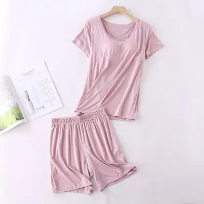 Pijama de algodón Modal para mujer, Conjunto de pijama de manga corta con almohadilla para el pecho, pantalones cortos sueltos de Copa con sujetador