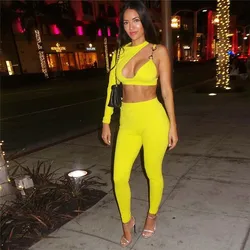 Yellow White Two Piece Set Sexy Night Club Outfits for Women One Shoulder Cut Out Asymmetric Crop Top Pencil Pants Suit Female