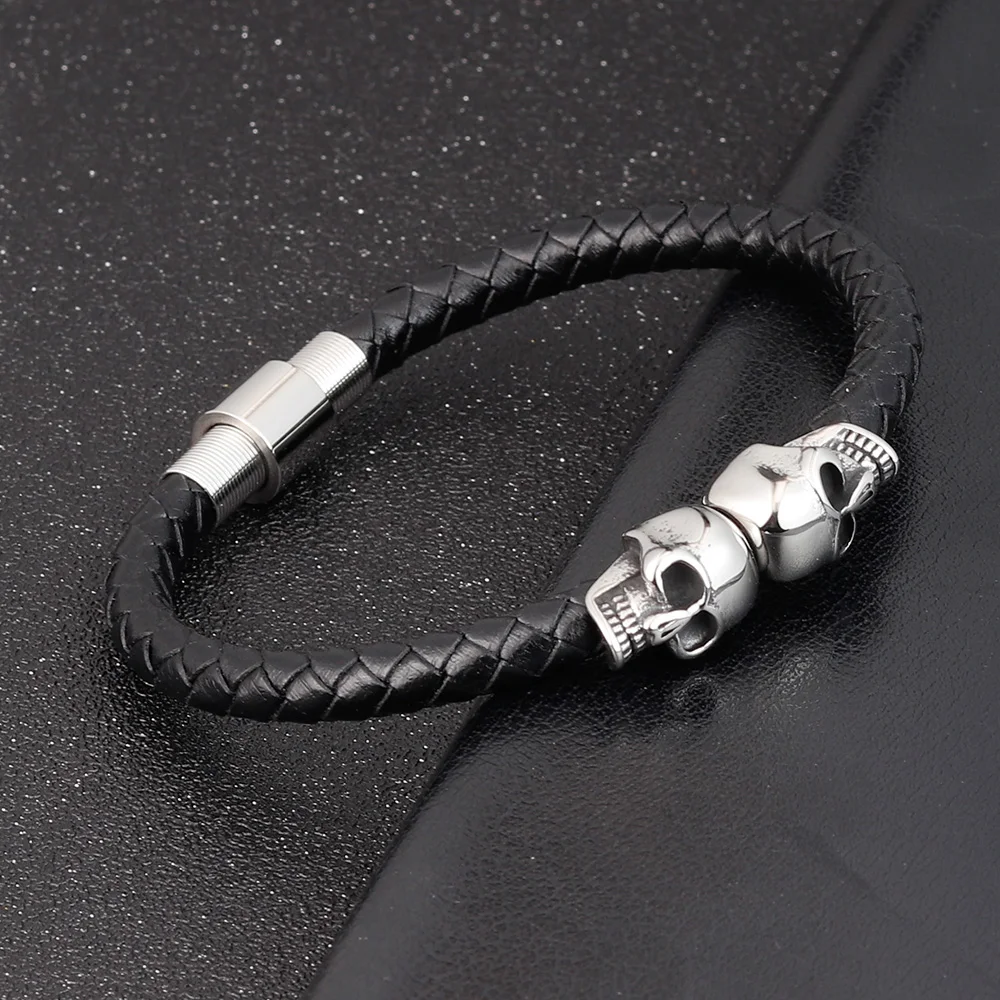 Hyperbole Men Jewelry Black Braided Leather Bracelets Stainless Steel Leahter Bracelets Cool Skull Bracelets Men Bracelet