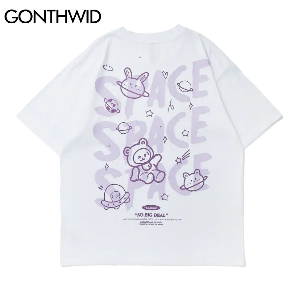 GONTHWID Harajuku Tshirts Cartoon Bear Rabbit Space Short Sleeve Tees Shirts Streetwear Hip Hop Fashion Casual Cotton Loose Tops