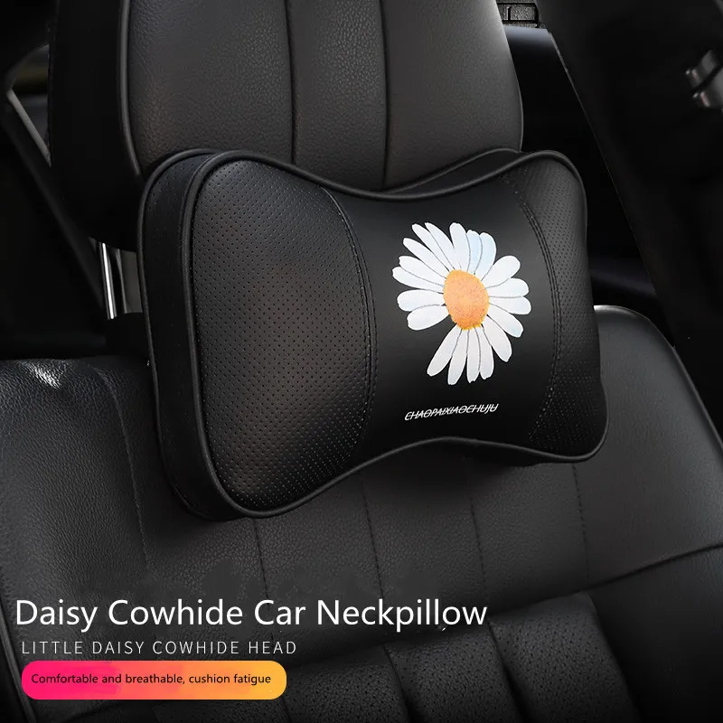 

2021 High Quality High-end Daisy Cowhide Leather Car Interior Decoration Headrest Car Neckpillow Ornament