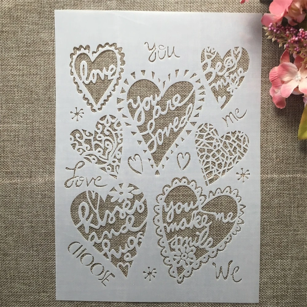 A4 29cm Hollow Heart Love Words DIY Layering Stencils Wall Painting Scrapbook Coloring Embossing Album Decorative Template