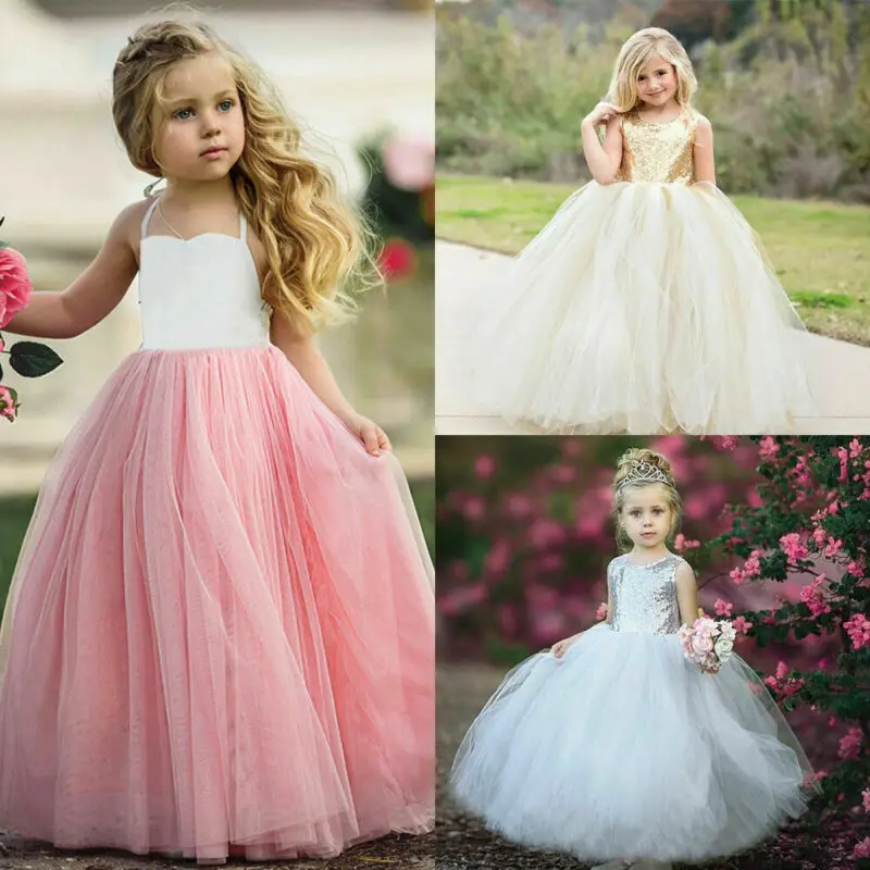 PUDCOCO Adorable Baby Girl Long Dress Kids Princess Lace Floral Party Wedding Bridesmaid Formal Ball Gown Sequins Sundress 2-8T