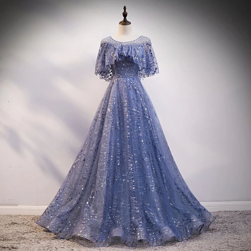 Elegante Blau Tüll Abendkleider Vintage Kurzen Ärmeln Oansatz Shiny Pailletten Perlen Hochzeit Promi Gast Prom Party Kleider