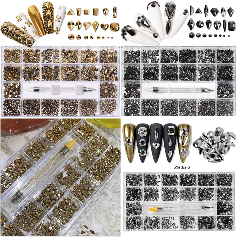 

1box SS3-SS12 Rhinestones Kinds Shapes FlatBack Glass Gems Gold/Black/Grey Mix Shape crystal Glass Stones add Dotting Pen ZB04#