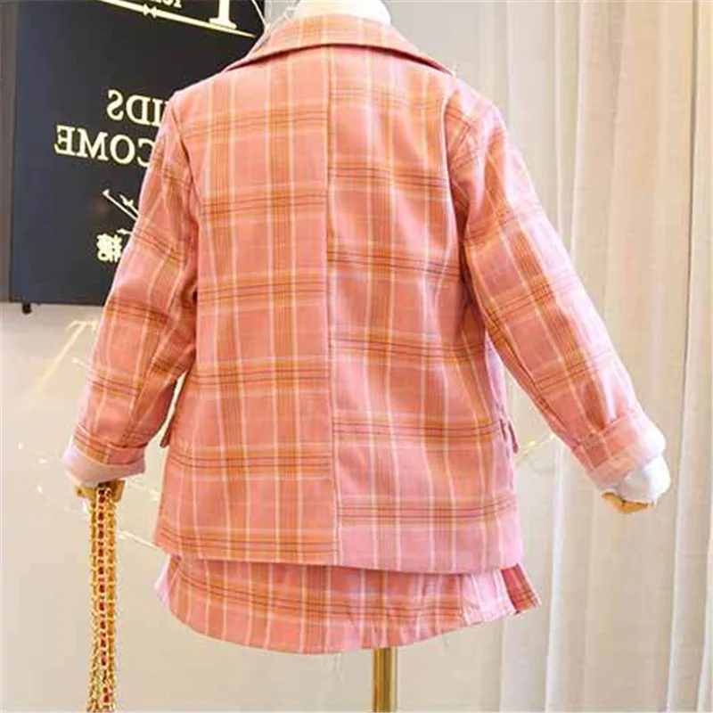 Spring Autumn New Girls\' Clothing Sets Students Plaid Suit Long-Sleeved Cardigan Jacket+Pleated Skirt Children Baby Kids Outfits