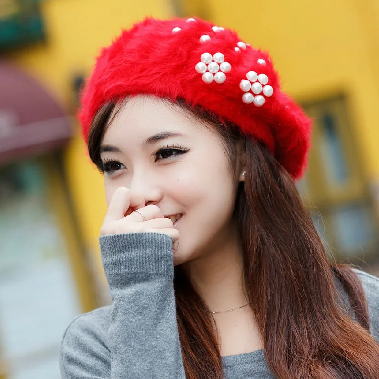 Boina Feminina women beret Pearl Hat Rabbit Hair Knitted Female berets Winter Warm Women Hats