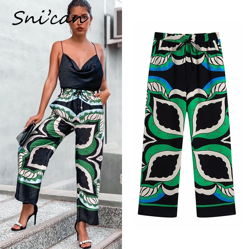 Women Leaves Print Pants Fashion Draw String Elastic Waist Pantalon Pour Femme Casual Oversize Vintage Bottom Streetwear Za 2021