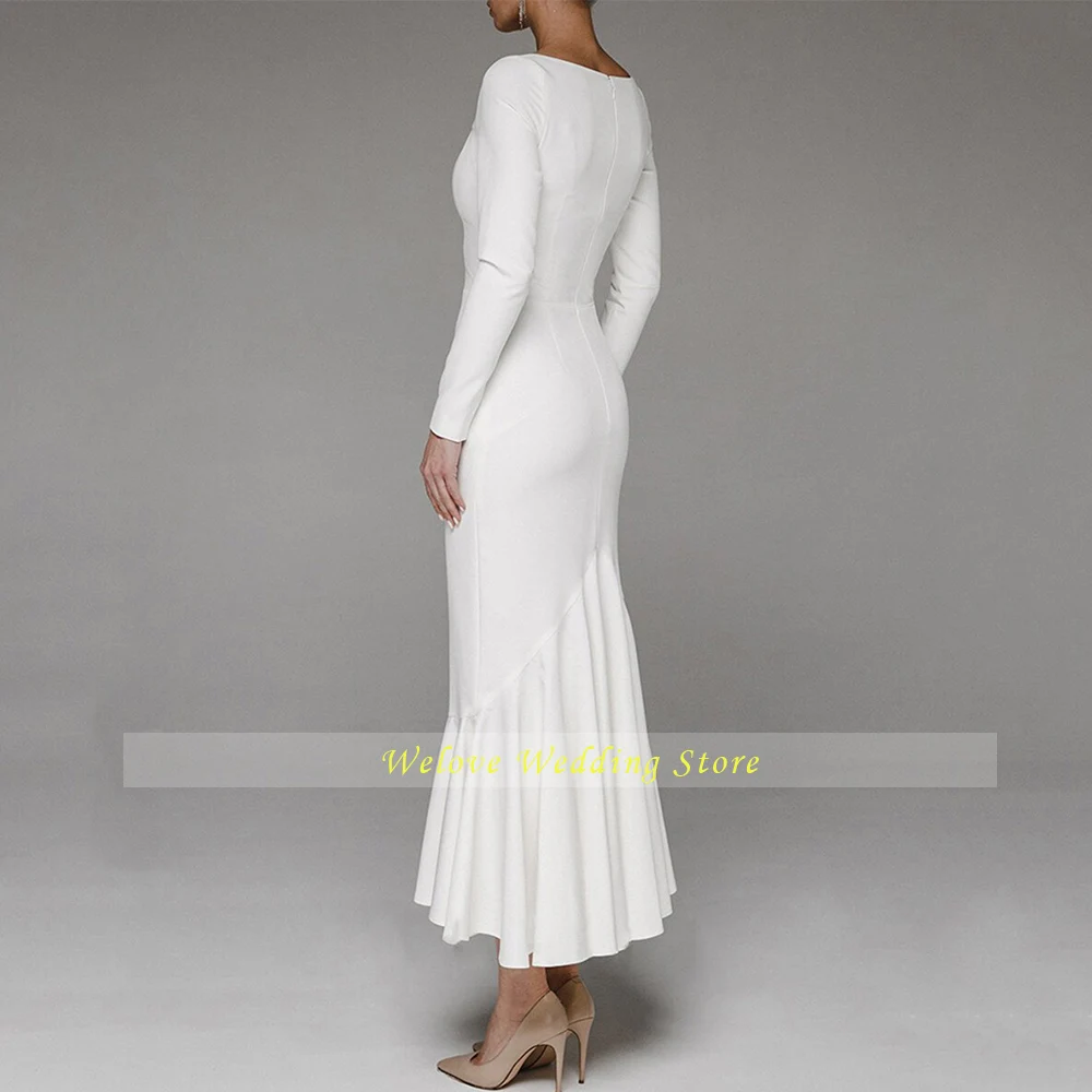 Civil Ankle Length Mermaid Wedding Dress For Bride Long Sleeve Simple White Bridal Gown Square Neck Plus Size Custom Vestidos