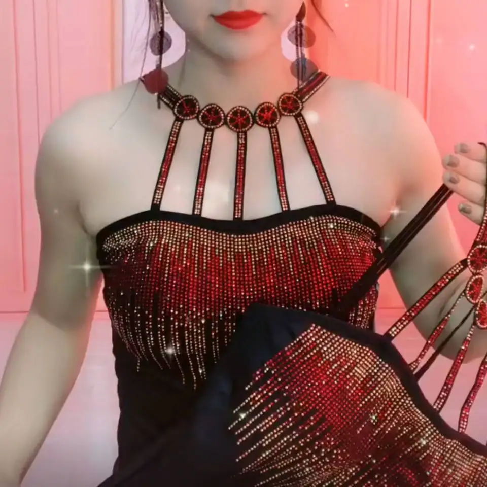 بلوزة مزين بالترتر بدون حوامل للنساء ، شرابات كريستال من حجر الراين ، قميص أساسي للسيدات ، بلوزات صوفية ضيقة مرنة ، بلوزة صيفية بحمالات ، #1