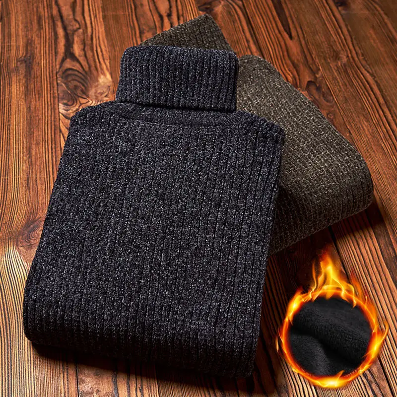 

2023 Winter Super Warm Sweater Men's Turtleneck Slim Soft Fleece Pullover Solid Knitted Plus gold velvet thickening Sweater Men