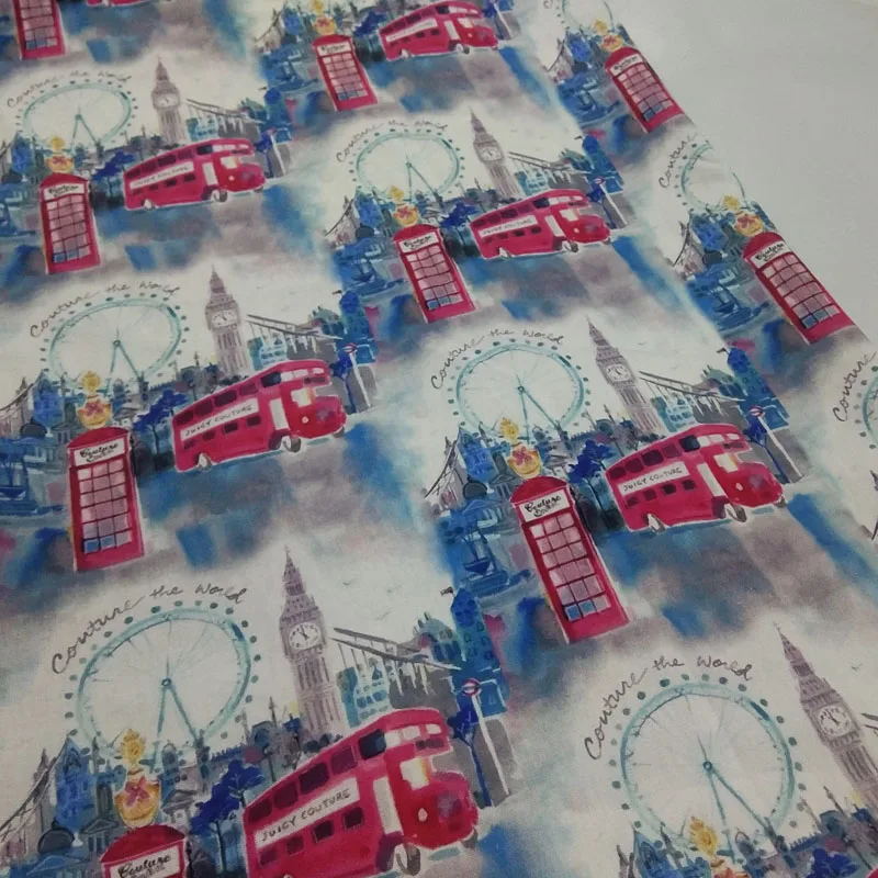 50x105cm Red UK Bus Clock Printed Cotton Fabric 003 Fabric Patchwork for Cloth Dress Party Home Decor