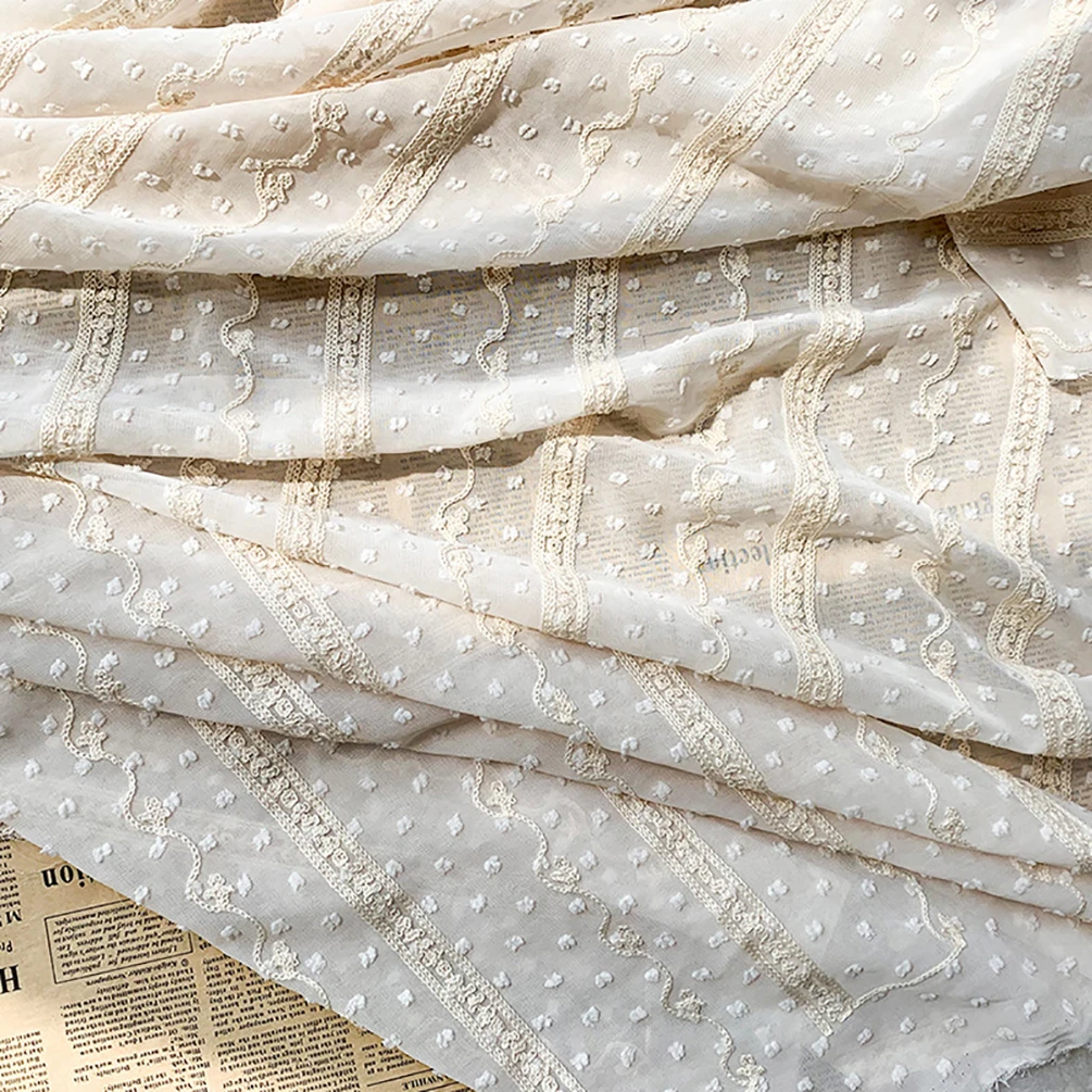 White Beige Stripes Embroidery Jacquard Dot Chiffon Tulle Fabric for the Dress Shirt 50cmx150cm