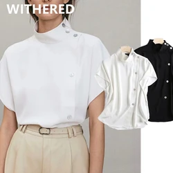 Maxdutti england  fashion blouse women solid simple causal turtleneck buttons off-shoulder blusas mujer de moda 2021 shirt tops