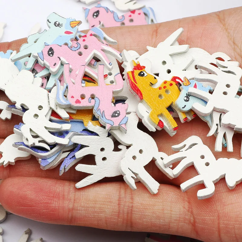 50Pcs Mixed Unicorn Pattern Wooden Buttons For  Clothing Sewing Buttons Crafts Decoration Scrapbooking DIY Accessories