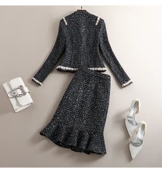 New 2023 Fall Light Luxury Small Fragrance Suit Ladies Winter Beaded Tweed Cardigan Jacke + Fishtail Skirt Fashion Two Piece Set