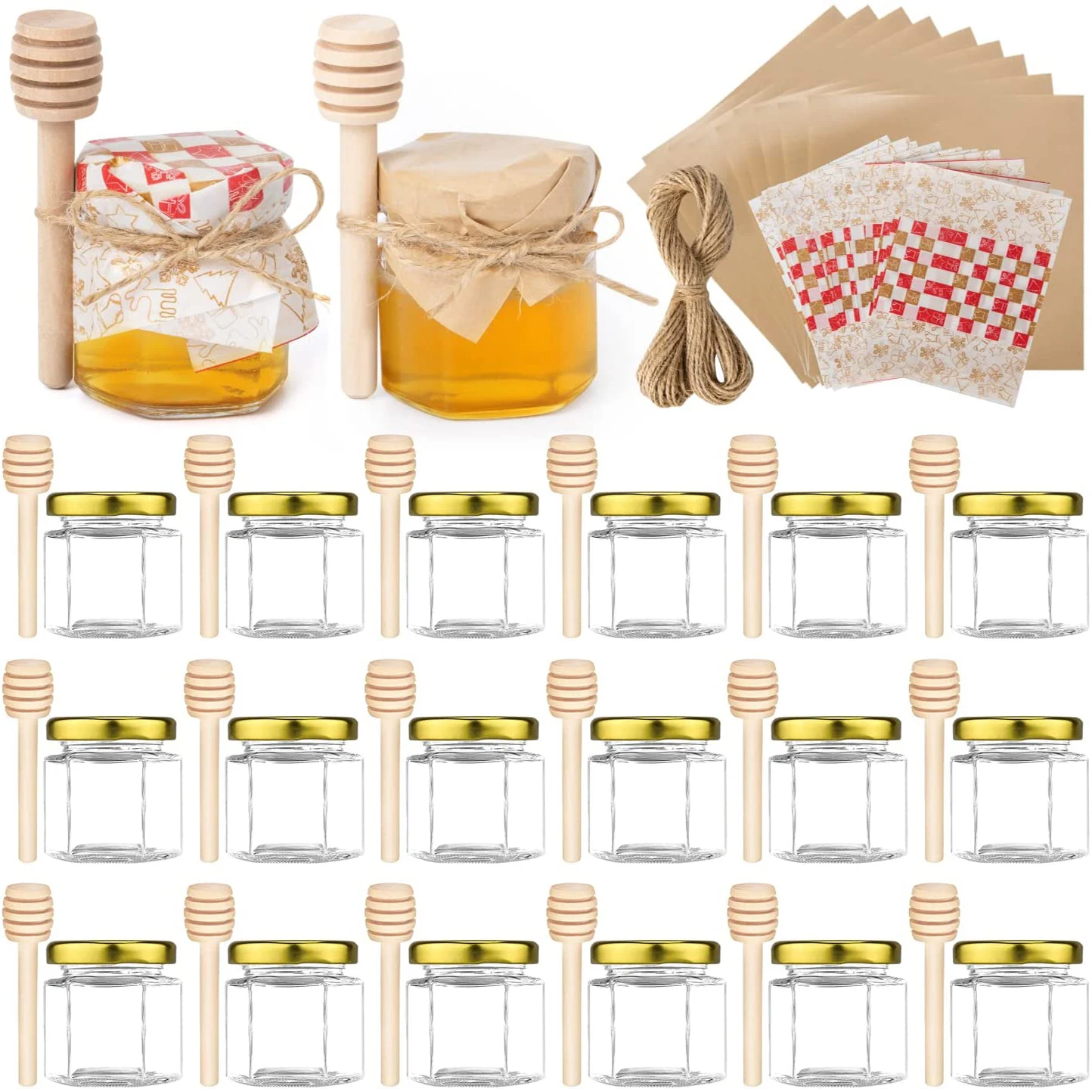 Hexagon Mini Glass Honey Jars with Lids,Honey Wood Dipper,Christmas Wrapping Paper,Square kraft paper,Jute,Honey Wedding Party