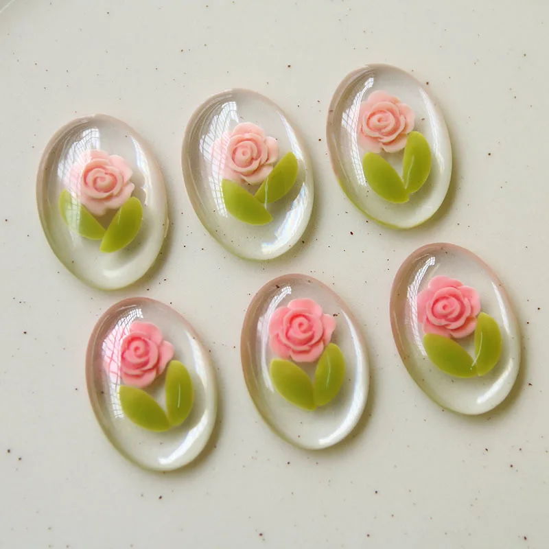 

DIY Jewelry Finidings 20pcs 27*19mm Transparent Glass Oval Cabochons with Resin Rose Fower Decorated Button Patch Sticker Beads