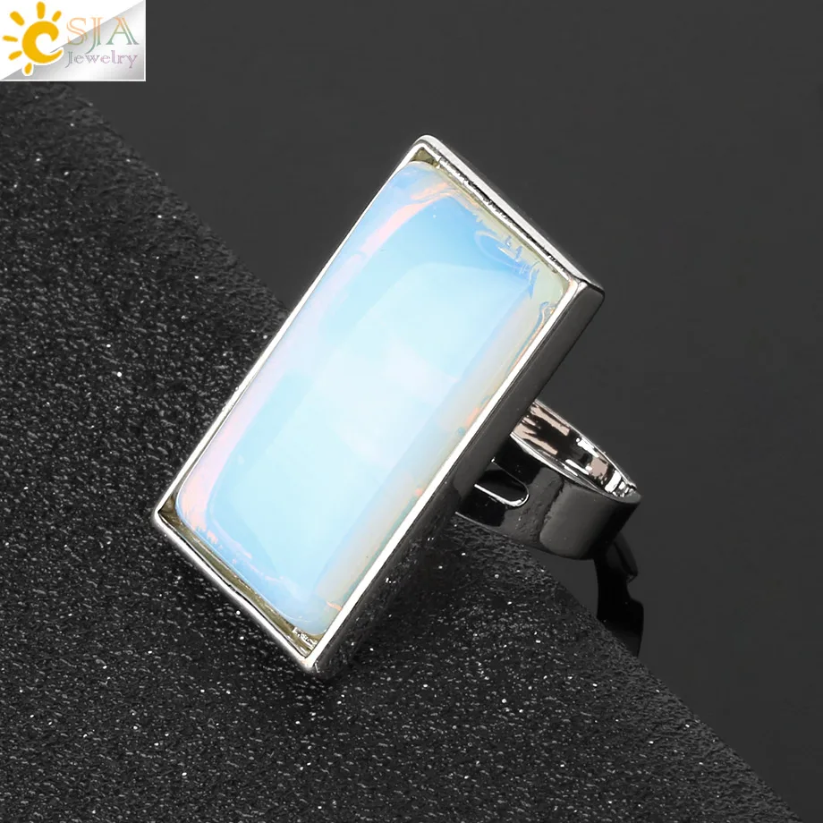 CSJA Rectangle Natural Stones Finger Rings Silver-color Adjustable Ring Healing Crystal Pink Quartz Women Statement Jewelry G456