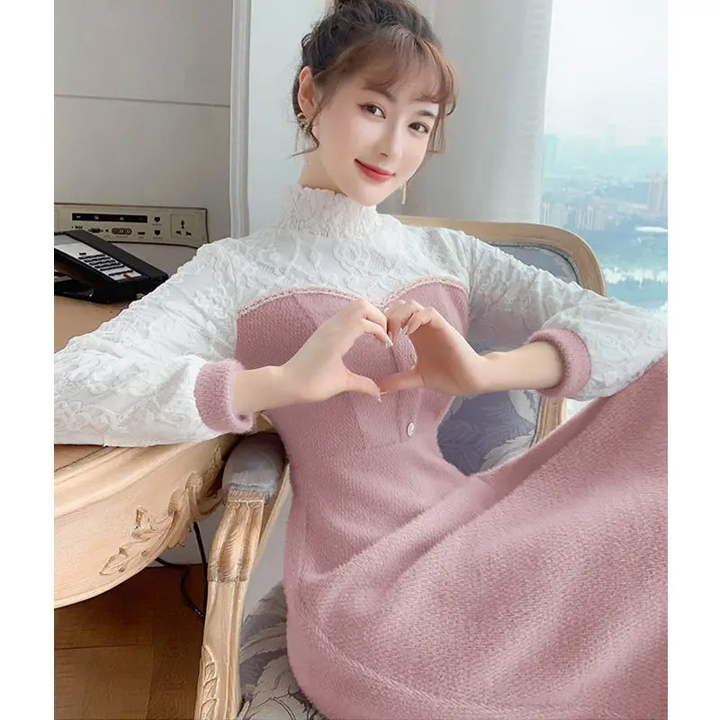 2021 Sweater Dress Autumn And Winter New High-Neck Warm Long-Sleeved Knitted Women\'s Self-Cultivation Woolen All-Match Skirt