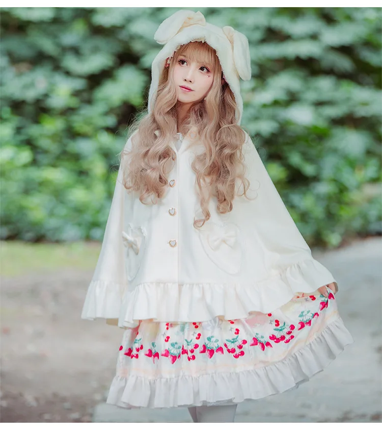 

Lolita sweet warm plus velvet winter keep warm rabbit ears bowknot pocket cloak jacket victorian coat loose gothic lolita top