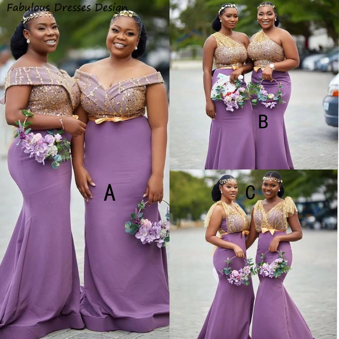 Vestidos de dama de honra lilás para mulheres africanas, vestido longo brilhante sereia, fora do ombro, vestido de casamento com laço, dama de honra