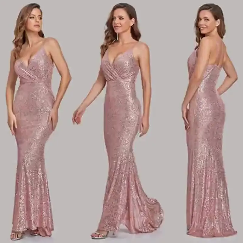 

Glitter Pink Sequin Evening Dress Sexy V Neck Spaghetti Straps Mermaid Prom Dresses Long Bling Formal Night Party Customized