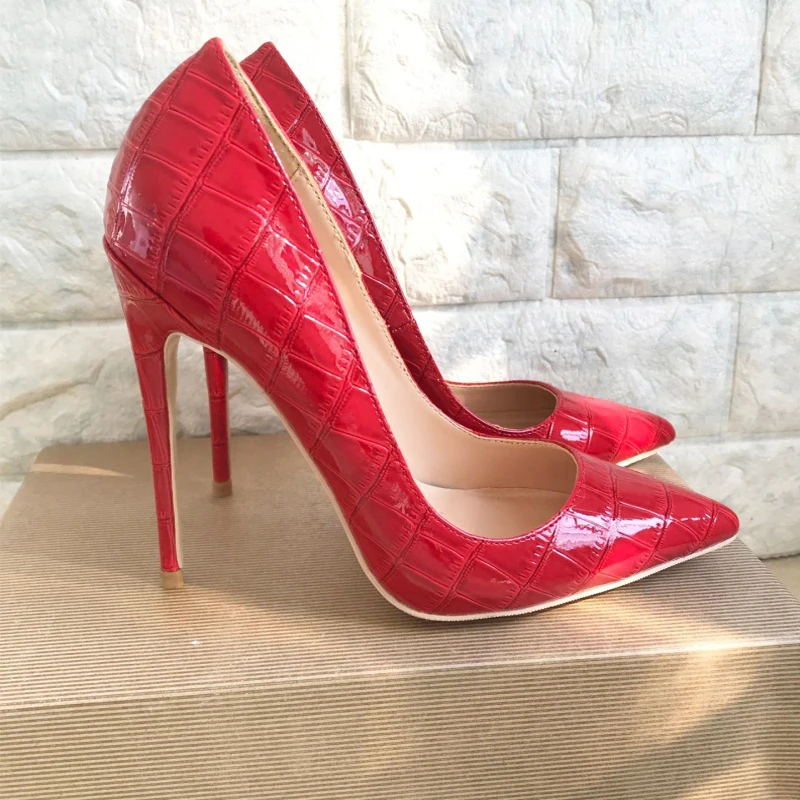 Tikicup Red Crocodile-Effect Embossed Pattern Women Sexy Stiletto High Heels Shallow Cut Pointed Toe Slip On Pumps Party Shoes