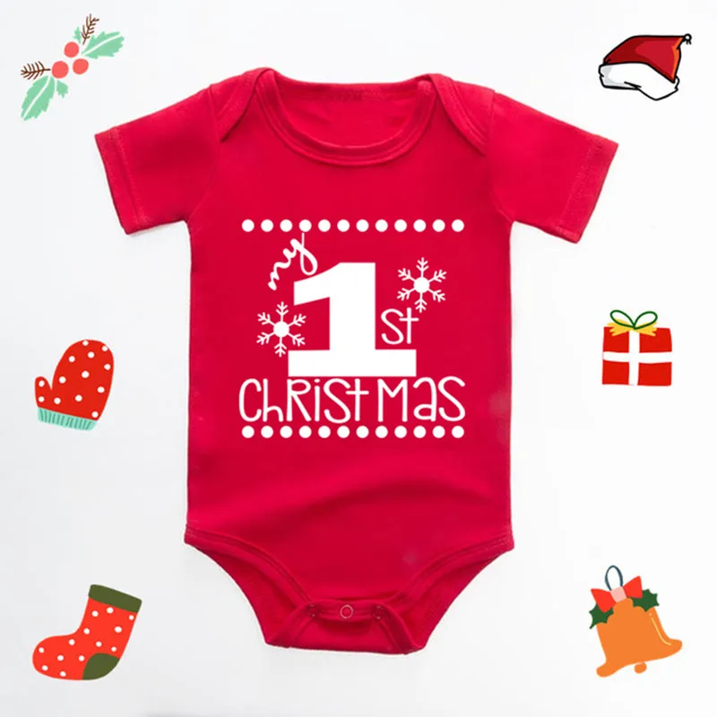 It\'s My First Christmas Reindeer Print New Year\'s Baby Clothes Red Bodysuit Cotton Christmas Romper Cute Infant Jumpsuit