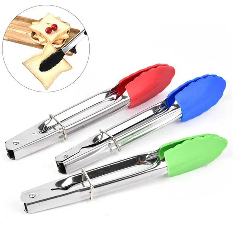 7'' Silicone BBQ Tongs Tips Kitchen Mini Tong Heat Resistant Steak Clip Cooking Tongs Steel Food Clamp Kitchenware Cook Utensils