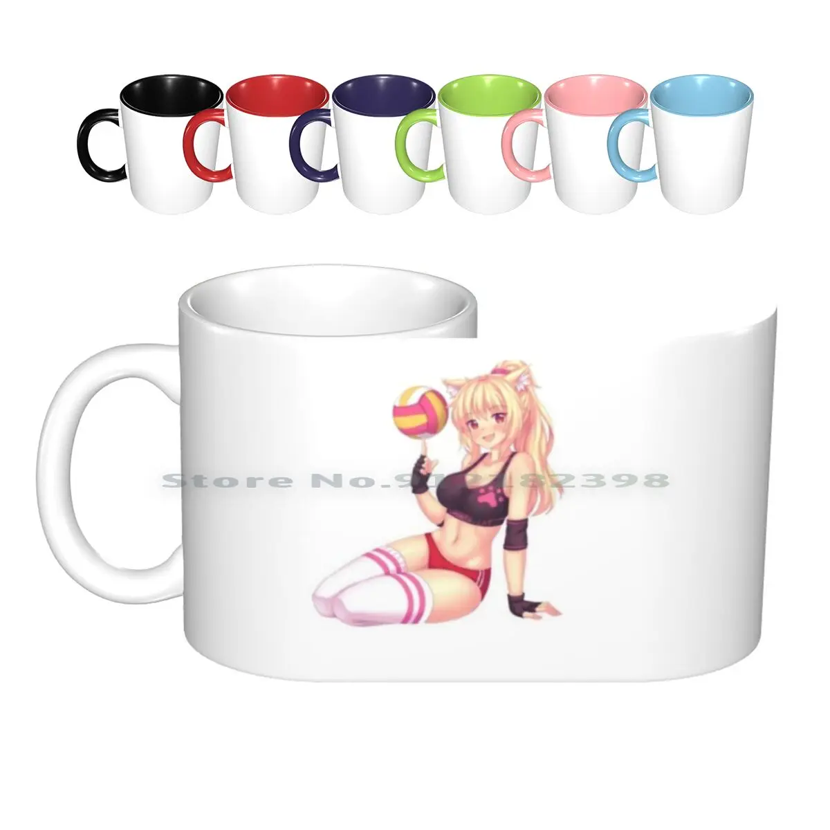 Blonde Anime Cat Girl Playing With Voleyball In Red Shorts Ceramic Mugs Coffee Cups Milk Tea Mug Anime Blonde Fox Anime Girl