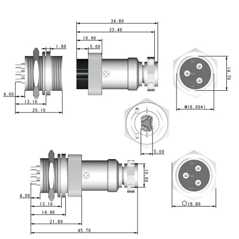 GX16 Industrial 7 Pin Aviation Male Plug / Female Socket Connector 7 Core Pure Copper Socket Power Head