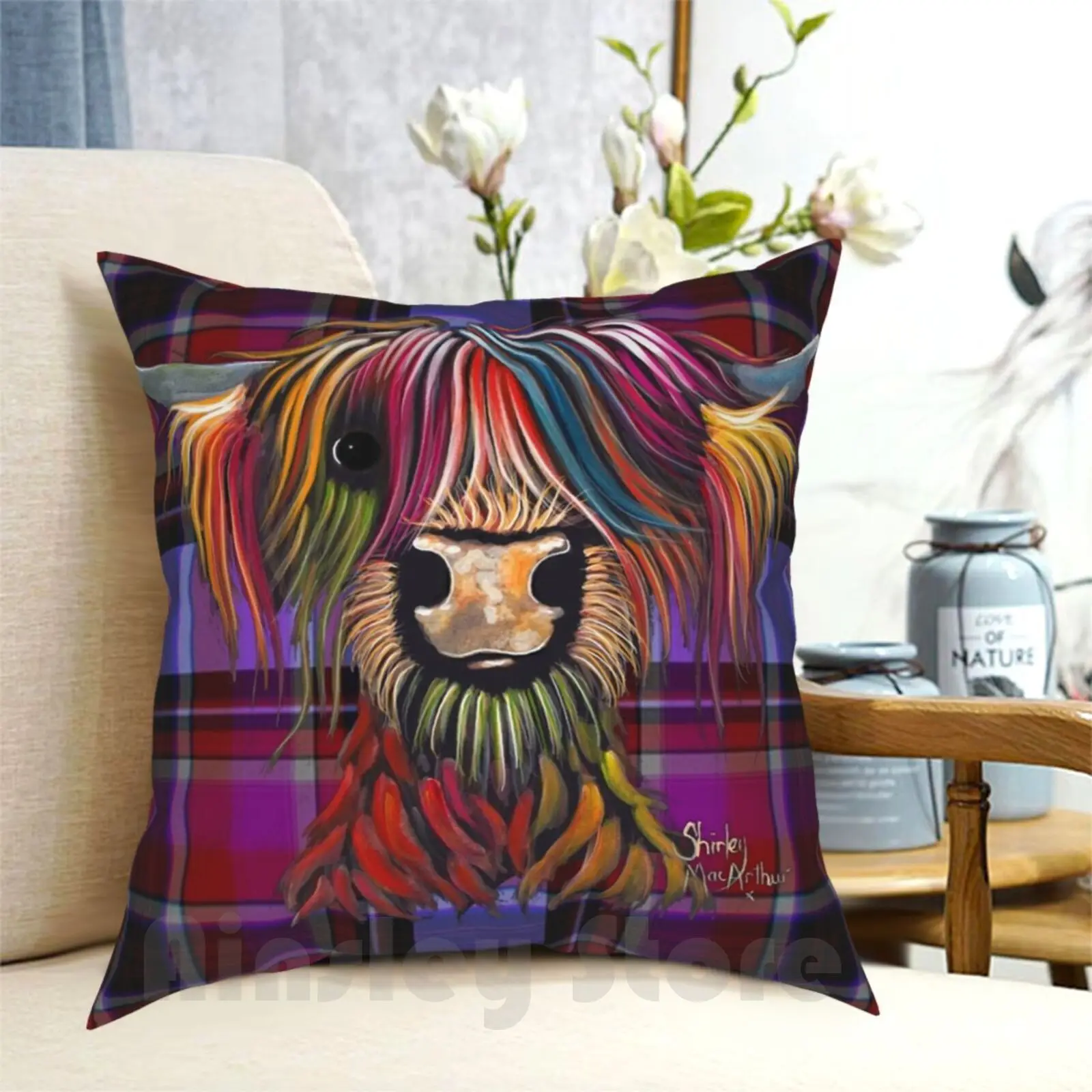 Scottish Highland Cow ' Tartan Oliver P ' By Shirley Macarthur Pillow Case Printed Home Soft DIY Pillow cover Cow Clan