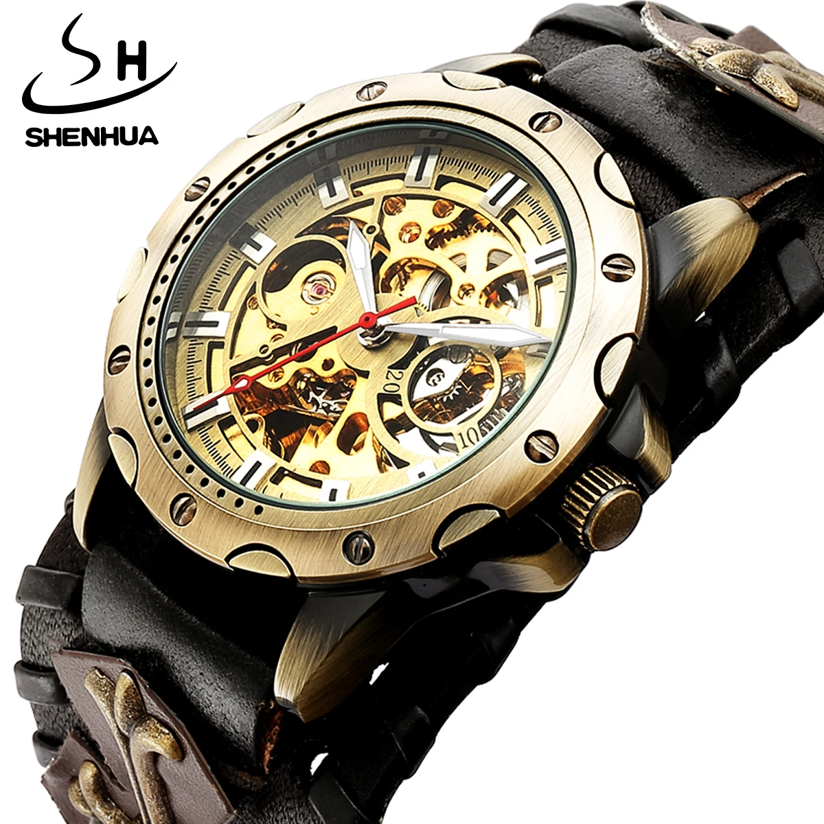 

SHENHUA Vintage Gothic Clock Brown Rock Stainless Steel Steampunk Skeleton Tourbillon Men Automatic Mechanical Luminous Watch