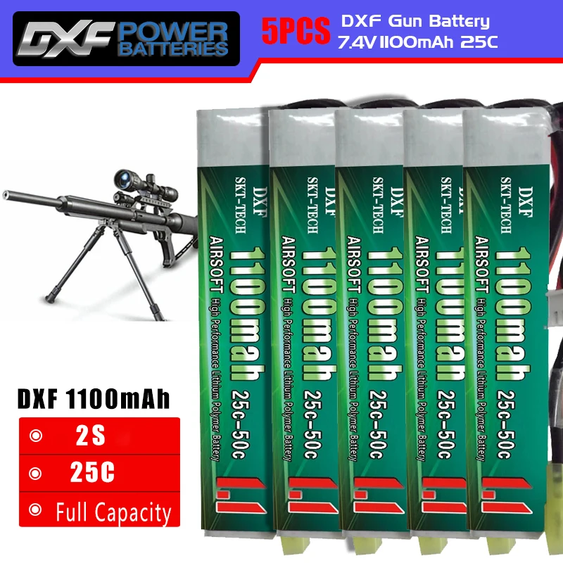 

DXF New Arrived 5PCS Airsoft Gun Battery 7.4V 1100mAh 25C 2s AKKU Mini Airsoft Gun Battery RC model Tamiya connector