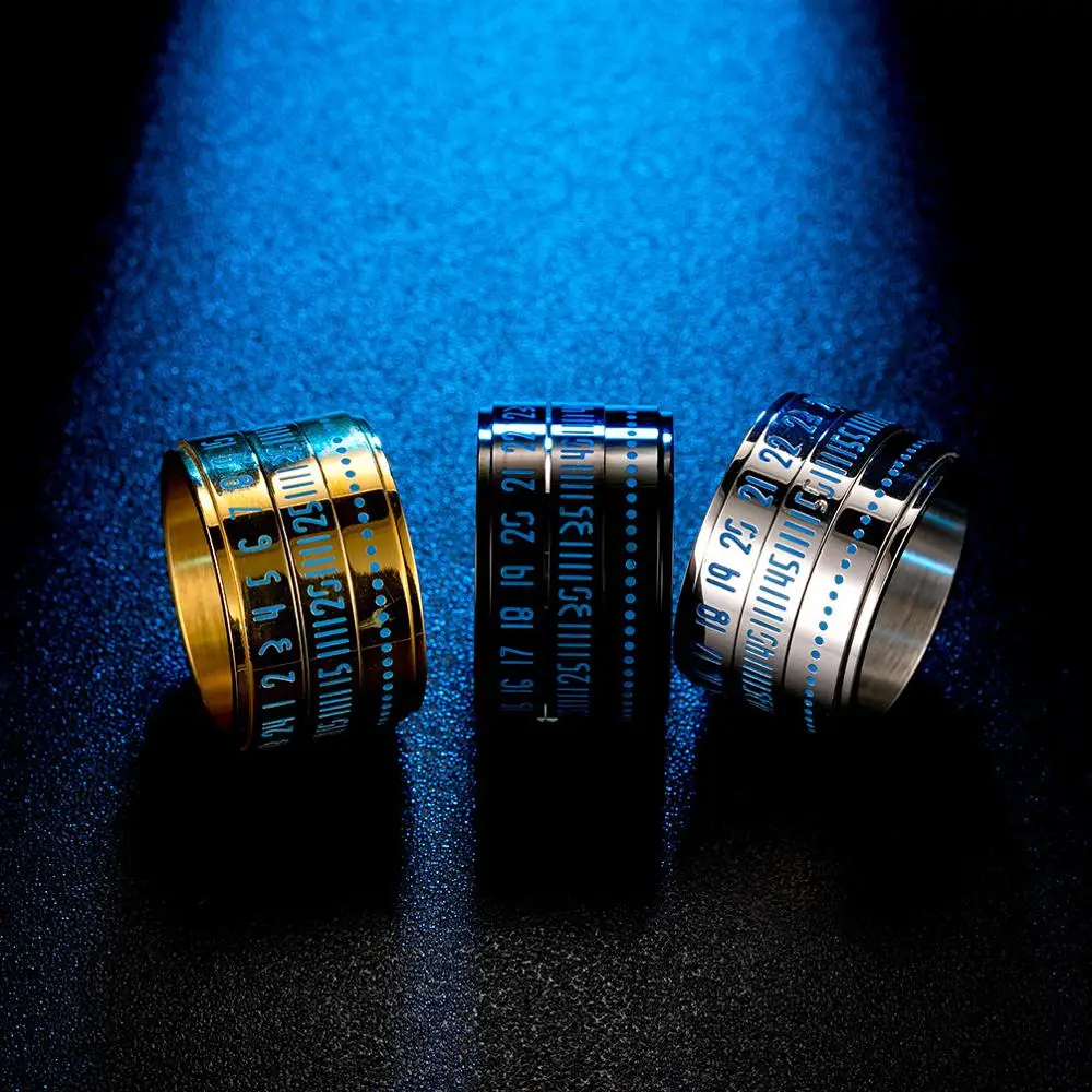 Glow in Night Number Ring Black Gold Color Stainless Steel Spinner Ring Rotatable Time 14mm Width Punk Ring for Men