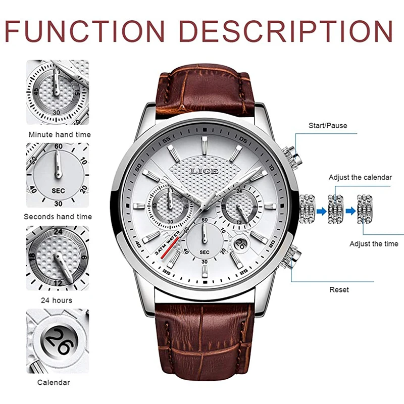 Watches Mens New LIGE Top Brand Luxury Casual Leather Quartz Men\'s Watch Business Clock Male Sports Waterproof Date Chronograph