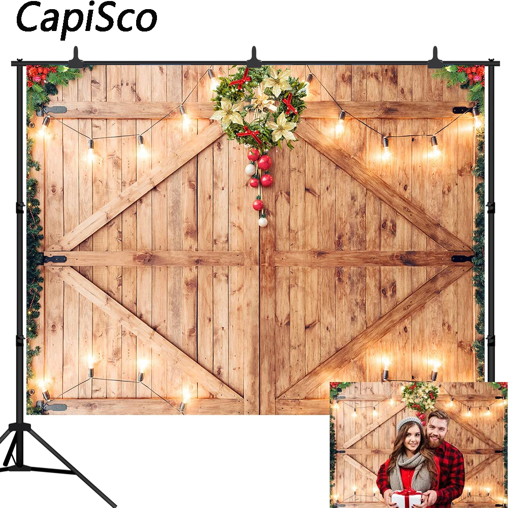 Capisco Christmas Decor on Rustic Barn Door wreath Backdrop Wooden Board Photography Vinyl Photo Background Studio Prop