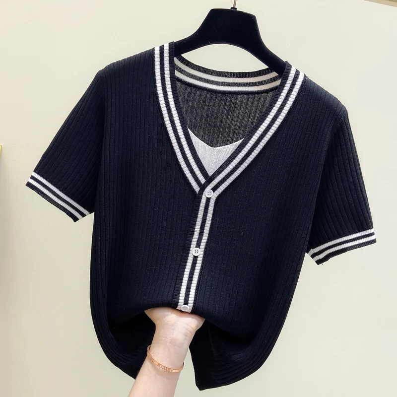 M-4XL Large Size Women Summer V neck Short Sleeve Stripe Knitted Pullover Tee Base Wool Oversized Sweater Women Jumper T-shirt