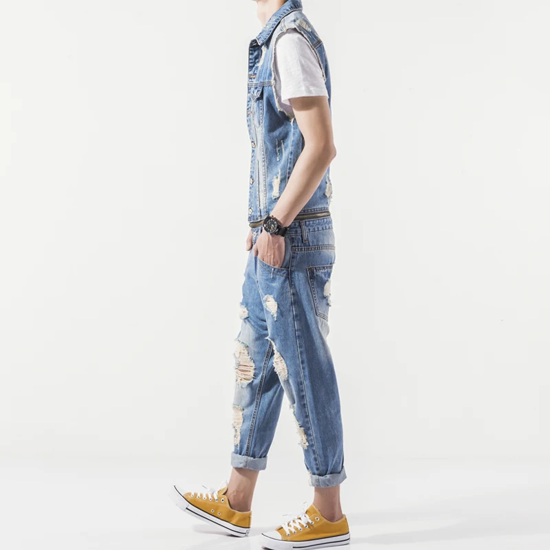 Mens Summer New Sleeveless Denim Jumpsuit Casual Cowboy Slim Fit Hole Ripped Romper Jeans Pants Male Zip One Piece Bib Overalls