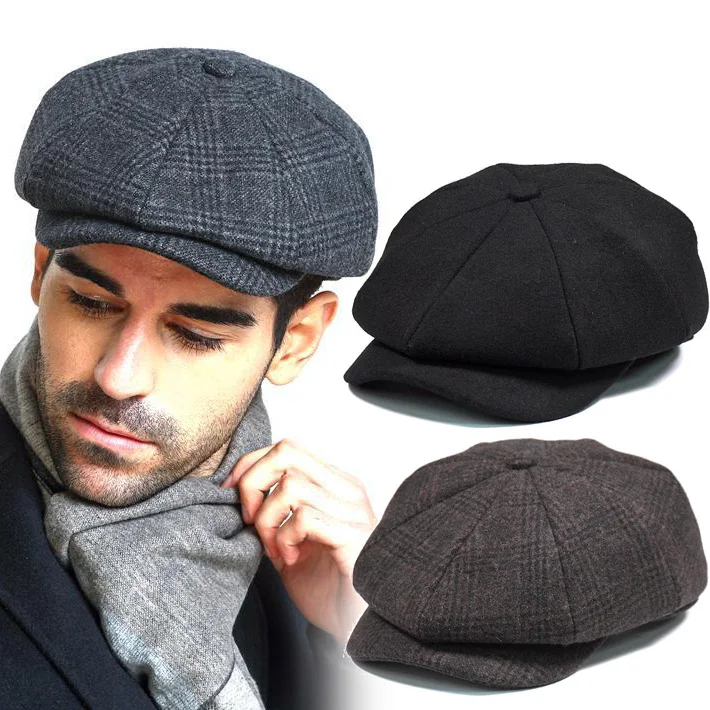 Men Wool Octagonal hat Tweed  Hat Beret Herringbone Gatsby Hats Street Winter Autumn Vintage British Brim Caps Berets