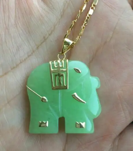 

Free Shipping Asian NATURAL green jade Elephant Pendant Necklace