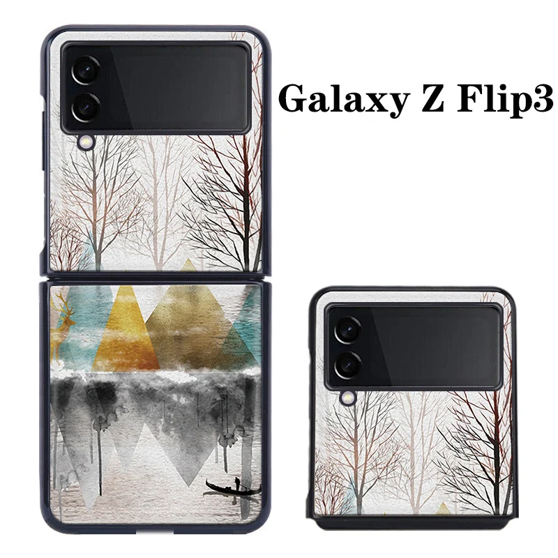 

Z Flip 3 Funda Case for Samsung Galaxy Z Flip 3 Z Flip 2 Artistic Conception Landscape Crane PU Leather Coque Phone Case Cover