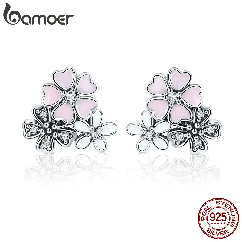 BAMOER 100% 925 Sterling Silver Pink Daisy Cherry Blossoms Flower Stud Earrings for Women Sterling Silver Jewelry Gift SCE400