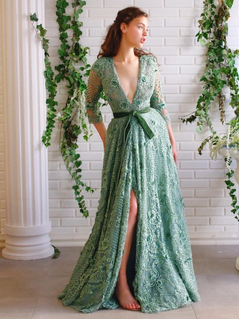 Green Moroccan Muslim Evening Dresses A-line 3/4 Sleeves Lace Beaded Slit Long Luxury Turkey Dubai Saudi Arabia Prom Dress Gown