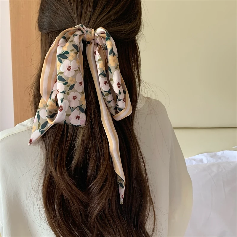 Luna&Dolphin French Style Roof Garden Wide Ribbon 140X10cm Natural Plants Pattern Blue Long Scarf Headbands Neckerchief Streamer