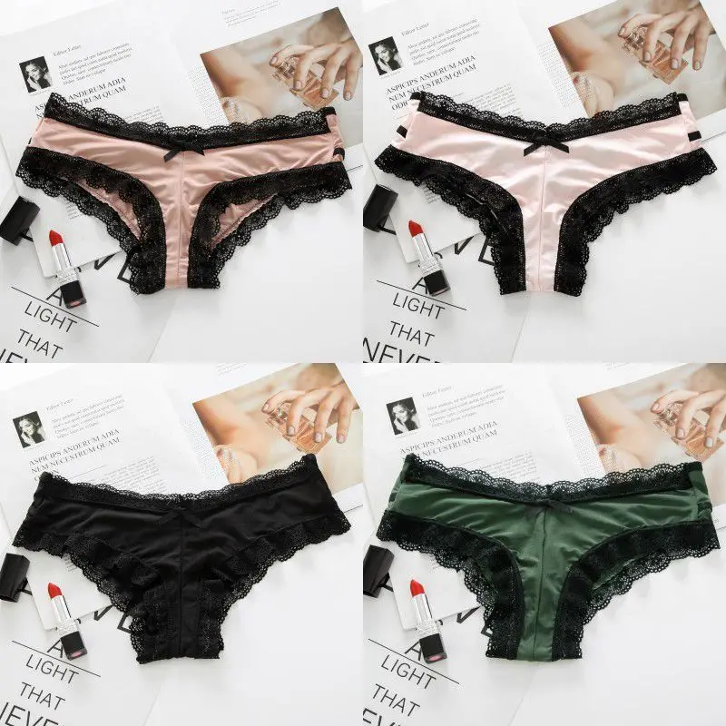 Hot Women Silkly Underwear Comfort Bow Twist Panties Lace Stitching Sexy Low Waist Cotton Crotch Briefs Thongs New