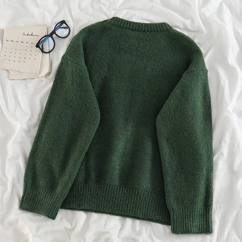 Winter Pullover Sweater Women Knitted Sweaters Solid Dark Green Long Sleeve Top Soft Warm Pullovers Jumper Sueter Mujer