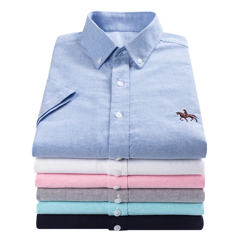 Quality Summer 100% Cotton Oxford Shirt Men\'s Short Sleeve Embroidered Horse Casual Solid Dress Shirts Men Plus Size 5XL 6XL