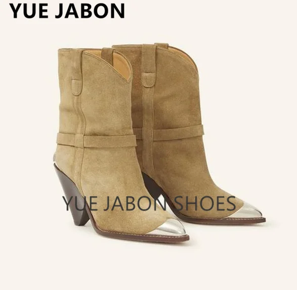 

Metal Toe High Heel Women Boots Genuine Leather Short Ankle Boots Suede Leather Pointed Toe Heels Shoes Ladies Martin Boots 2024